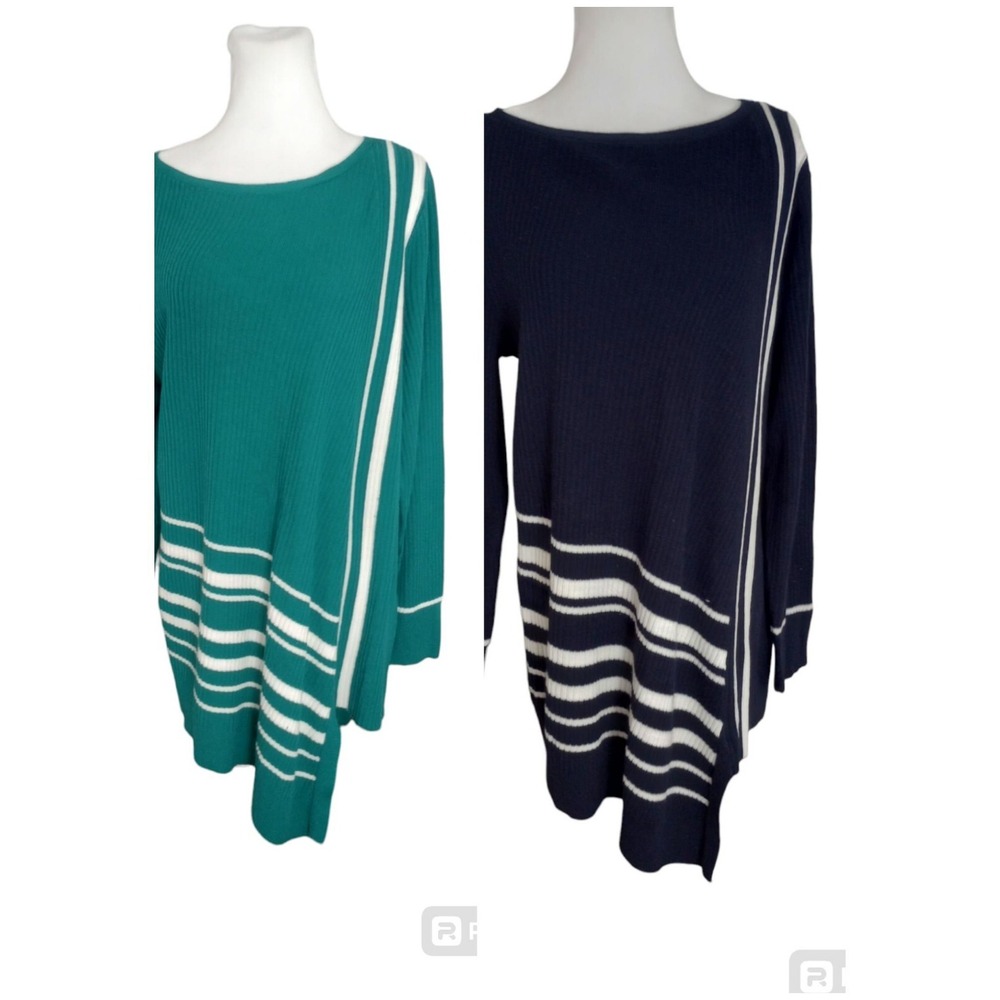 Lot Of 2 Chicos Pullover Tunic Sweater Sz 2 (L) Green Striped Asymmetrical Hem